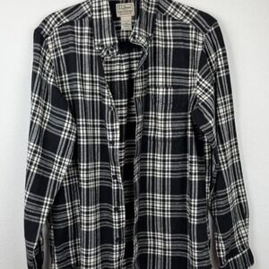 L.L.Bean Black Cream Plaid Flannel Shirt Small Cottagecore Gorpcore 100% Cotton